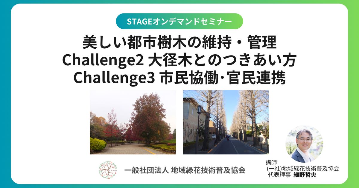 【都市のみどりの課題を探る】【市民向け】（講座番号：B2504G）美しい都市樹木の維持・管理 challenge２ 大径木とのつきあい方 challenge３市民協働・官民連携
